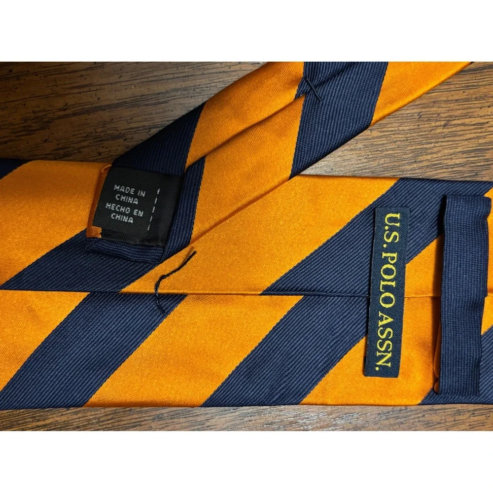 US Polo Assn‎ Mens Silk Necktie Orange Navy Blue Striped Repp Tie 57x3.5